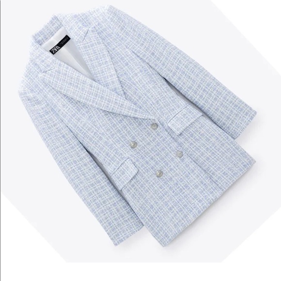 Zara Jackets & Blazers - ZARA WOMAN DOUBLE-BREASTED CHECK TAILORED BLAZER JACKET LIGHT BLUE 2250/900